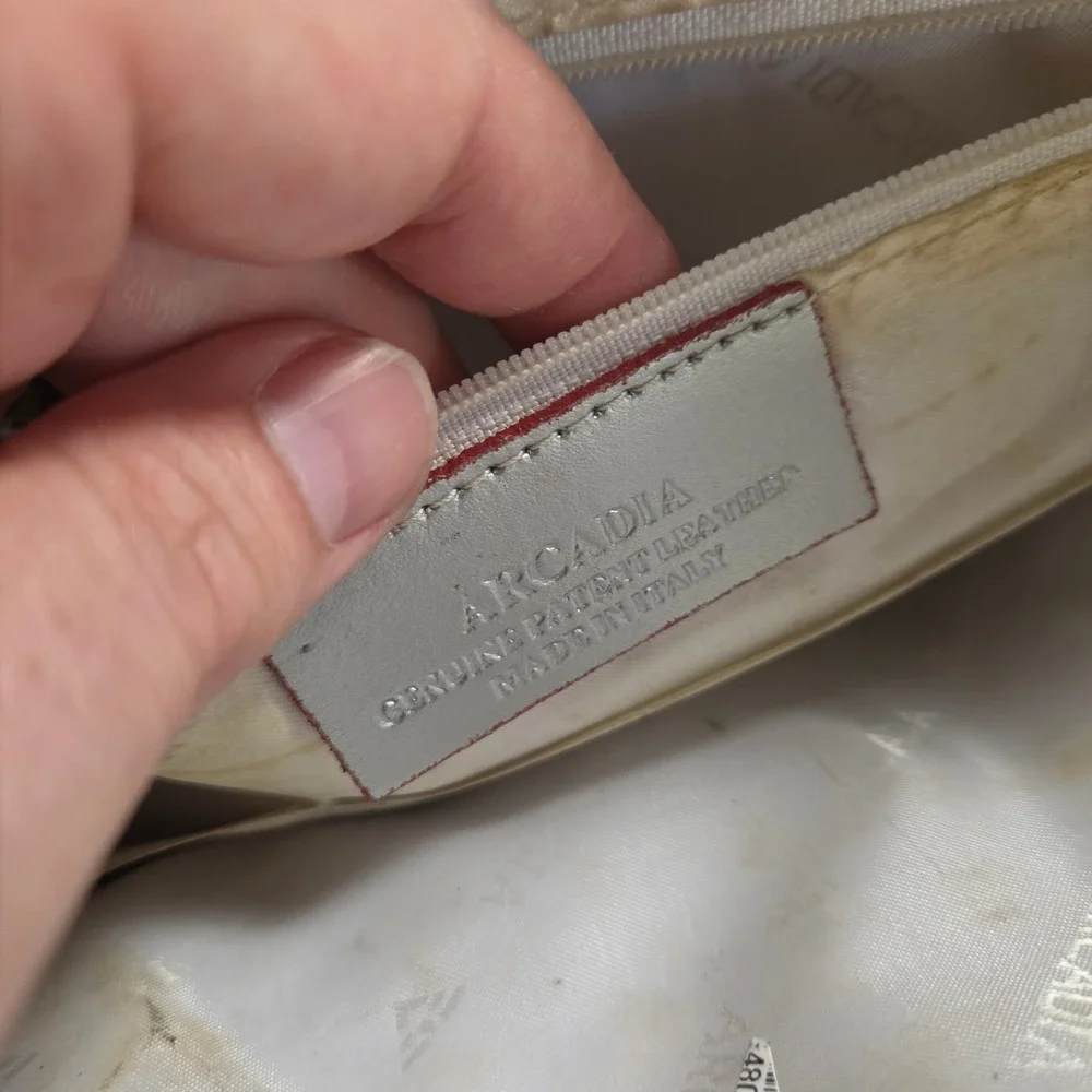 Arcadia Patent Leather Monogram All Over Embossed Satchel Handbag Cream Retro